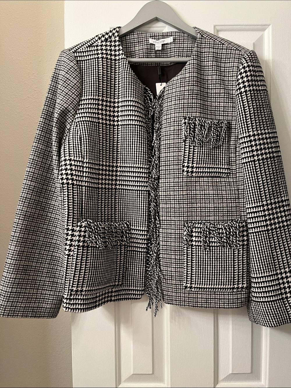 Chico's Black & White Plaid Fringe-Trim Blazer